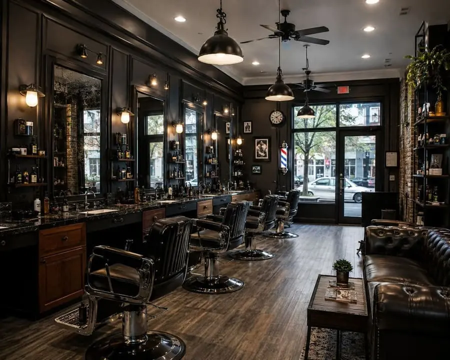 Interior de barbería profesional usado como portada para una web a medida de barberías y peluquerías